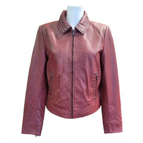 NOTYZ, Lederjacke mit Nietenapplikation in Weinrot
