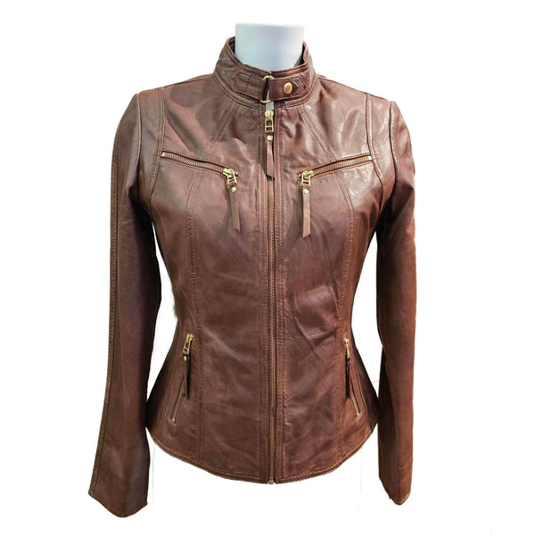 BTF, cognacfarbene Lederjacke im Bikerstil