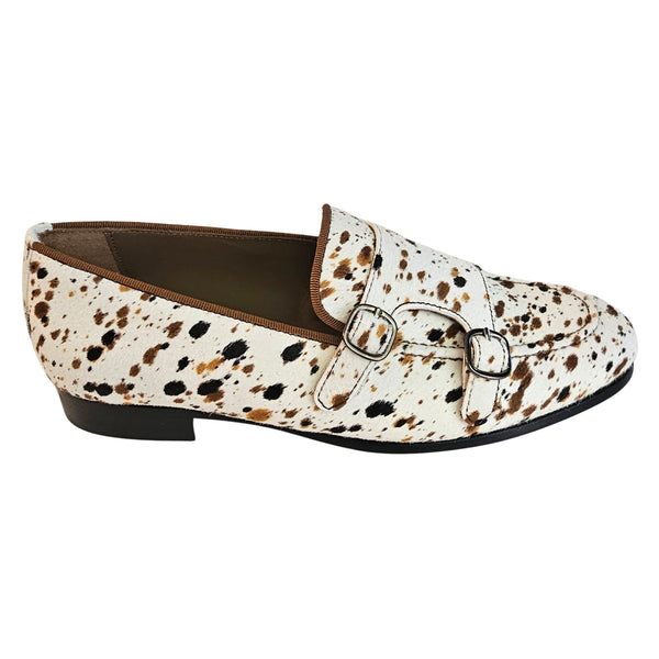 CALCE, Slipper mit Ponyfell / Animalprint in Creme-Braun