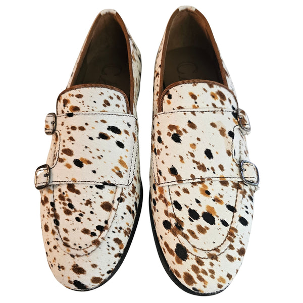 CALCE, Slipper mit Ponyfell / Animalprint in Creme-Braun