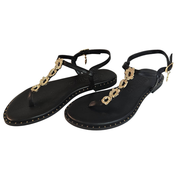 Caryatis, Zehenteiler Sandale in Schwarz mit Golddetails