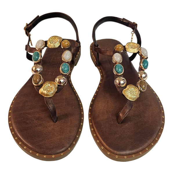 Caryatis, Zehenteiler Sandalette mit Schmucksteinen in Braun