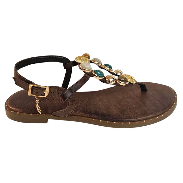 Caryatis, Zehenteiler Sandalette mit Schmucksteinen in Braun