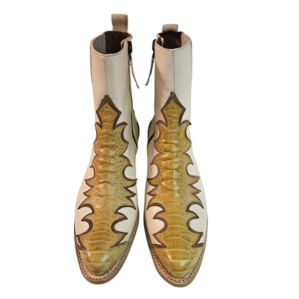 Cremefarbene Cordwainer, Cowboystiefelette mit senffarbener Straußenlederapplikation