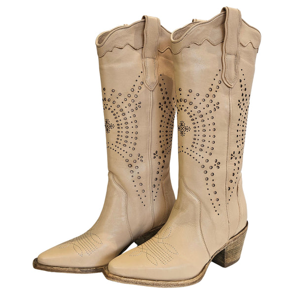 CURIOSITÉ, Cowboystiefel mit Lochmuster in Beige