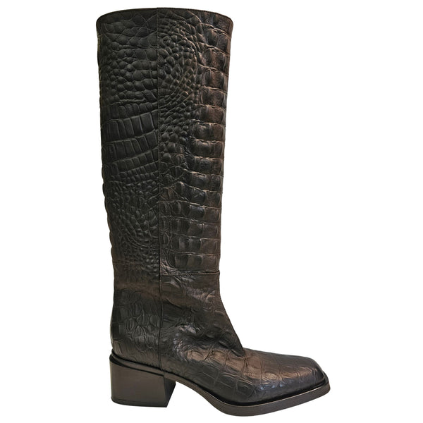 Elena Iachi, Langschaftstiefel mit Krokoprägung in Dunkelbraun