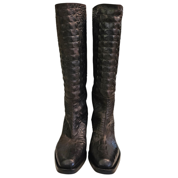 Elena Iachi, Langschaftstiefel mit Krokoprägung in Dunkelbraun