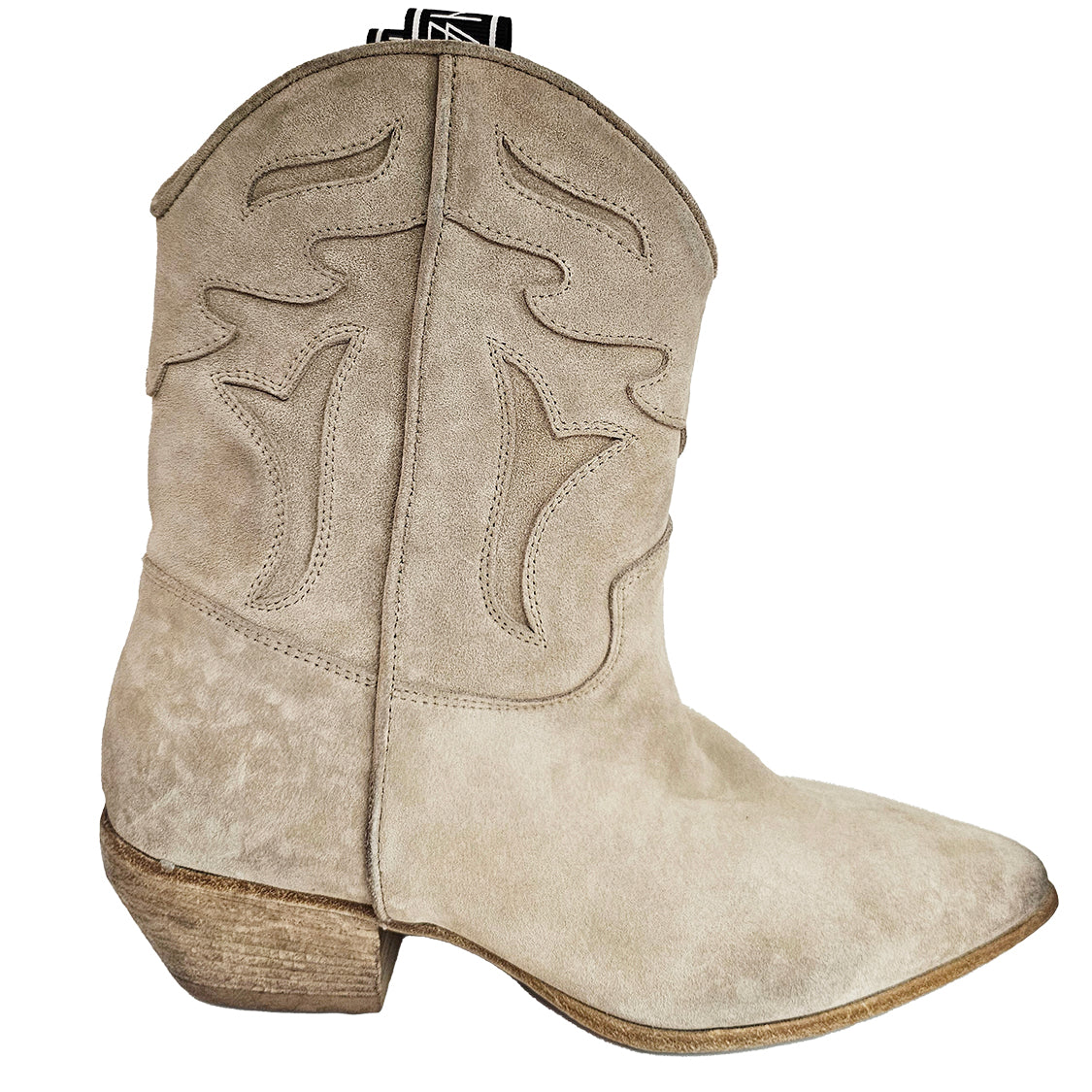 Elena Iachi, sandfarbener Cowboystiefel im Vintage-Look