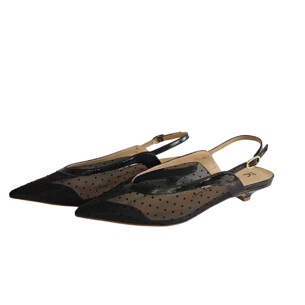 Fabio Rusconi, schwarzer Sling, Mesh mit Pünktchen/Lackleder