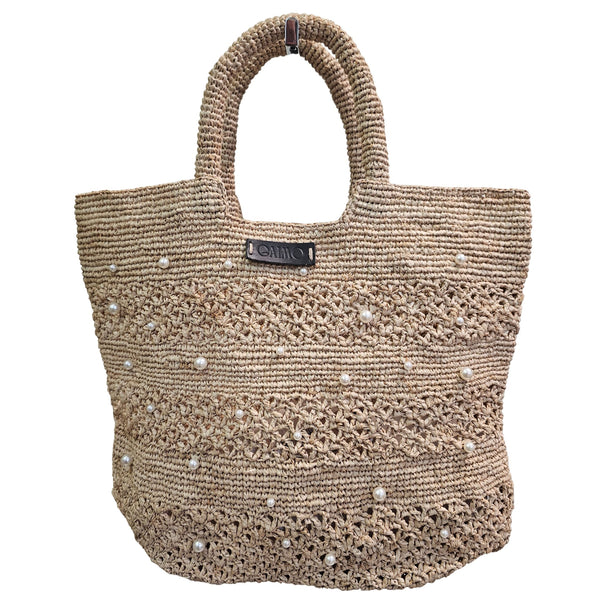 GAIMO, Raffia-Tasche in Natur mit Perlen