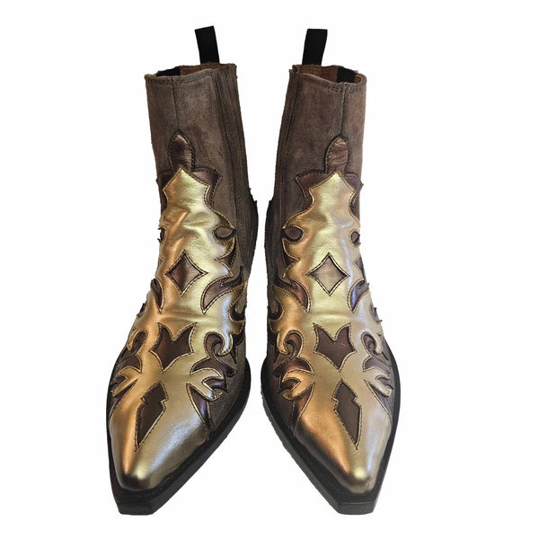Ghost, Wildleder-Stiefelette mit Applikationen in Taupe/Gold