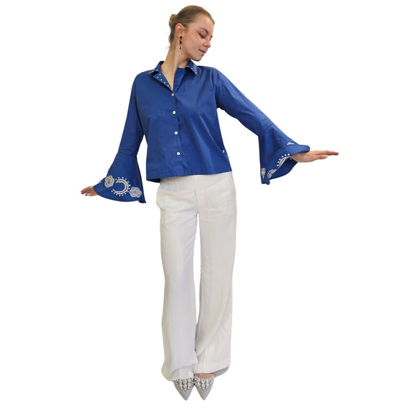 Joyce & Girls, Bluse "HASU" in Blau/Weiss mit Stickerei