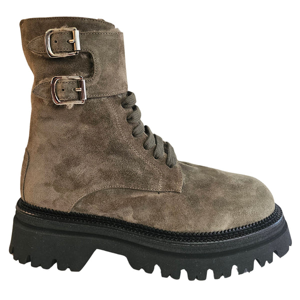KRL-Kroll, Wildleder Schnürstiefelette mit Lammfell in Khaki