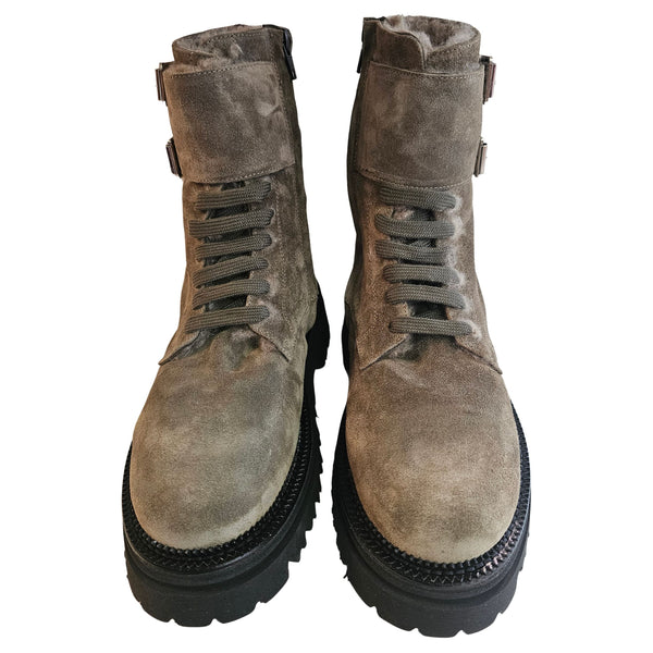 KRL-Kroll, Wildleder Schnürstiefelette mit Lammfell in Khaki