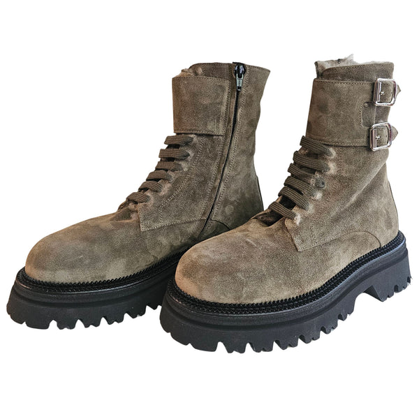 KRL-Kroll, Wildleder Schnürstiefelette mit Lammfell in Khaki