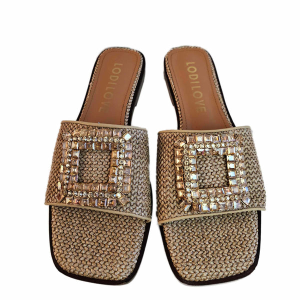 Lodi Love, flache Bastpantolette mit Strassspange