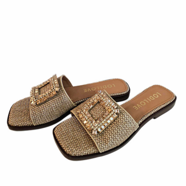 Lodi Love, flache Bastpantolette mit Strassspange