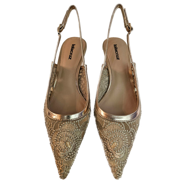 Lola Cruz, goldfarbener Sling aus besticktem Mesh