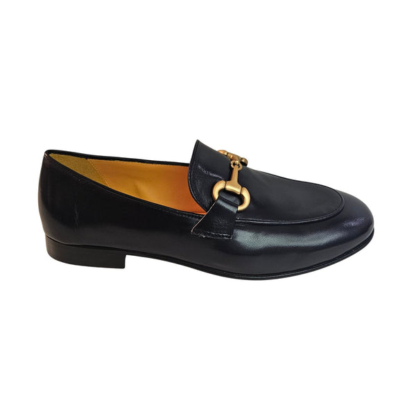 Mara Bini, Nappaleder-Loafer in Nachtblau mit mattgoldener Zierschnalle