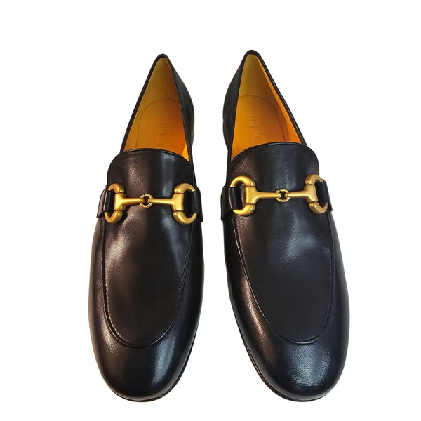 Mara Bini, Nappaleder-Loafer in Nachtblau mit mattgoldener Zierschnalle