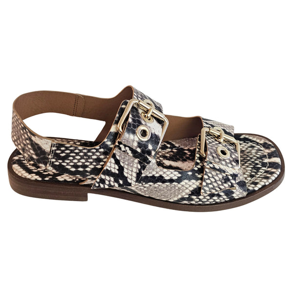 Pedro Miralles, flache Sandalette in Snakeprint Schwarz-Creme