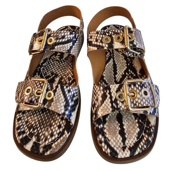 Pedro Miralles, flache Sandalette in Snakeprint Schwarz-Creme