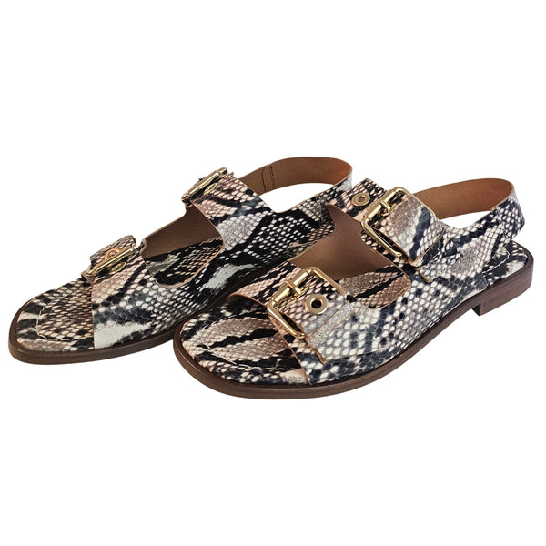Pedro Miralles, flache Sandalette in Snakeprint Schwarz-Creme