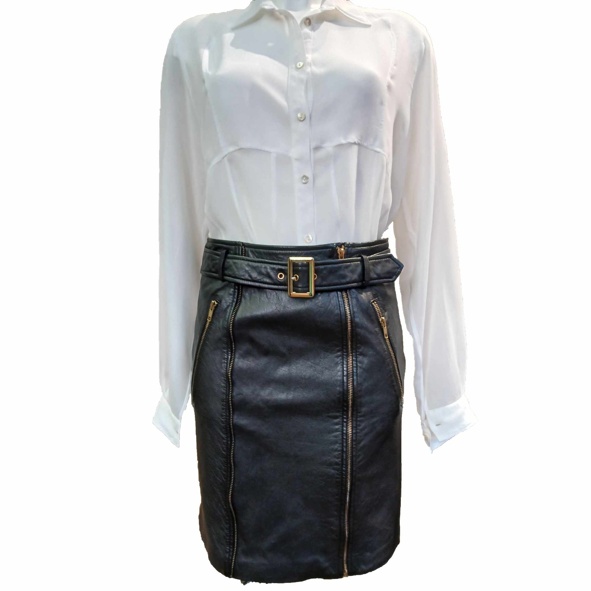 NOTYZ, Lederrock in Schwarz mit Gürtelschnalle und Golddetails