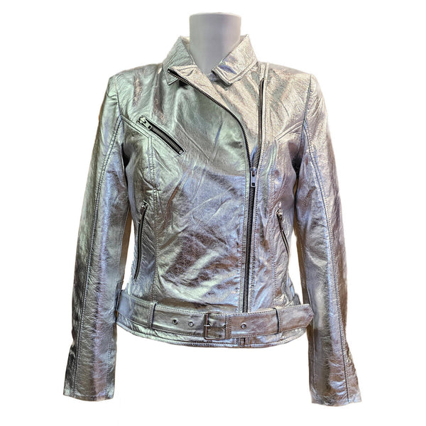 NOTYZ, Lederjacke im Bikerstil in Silber-Metallic