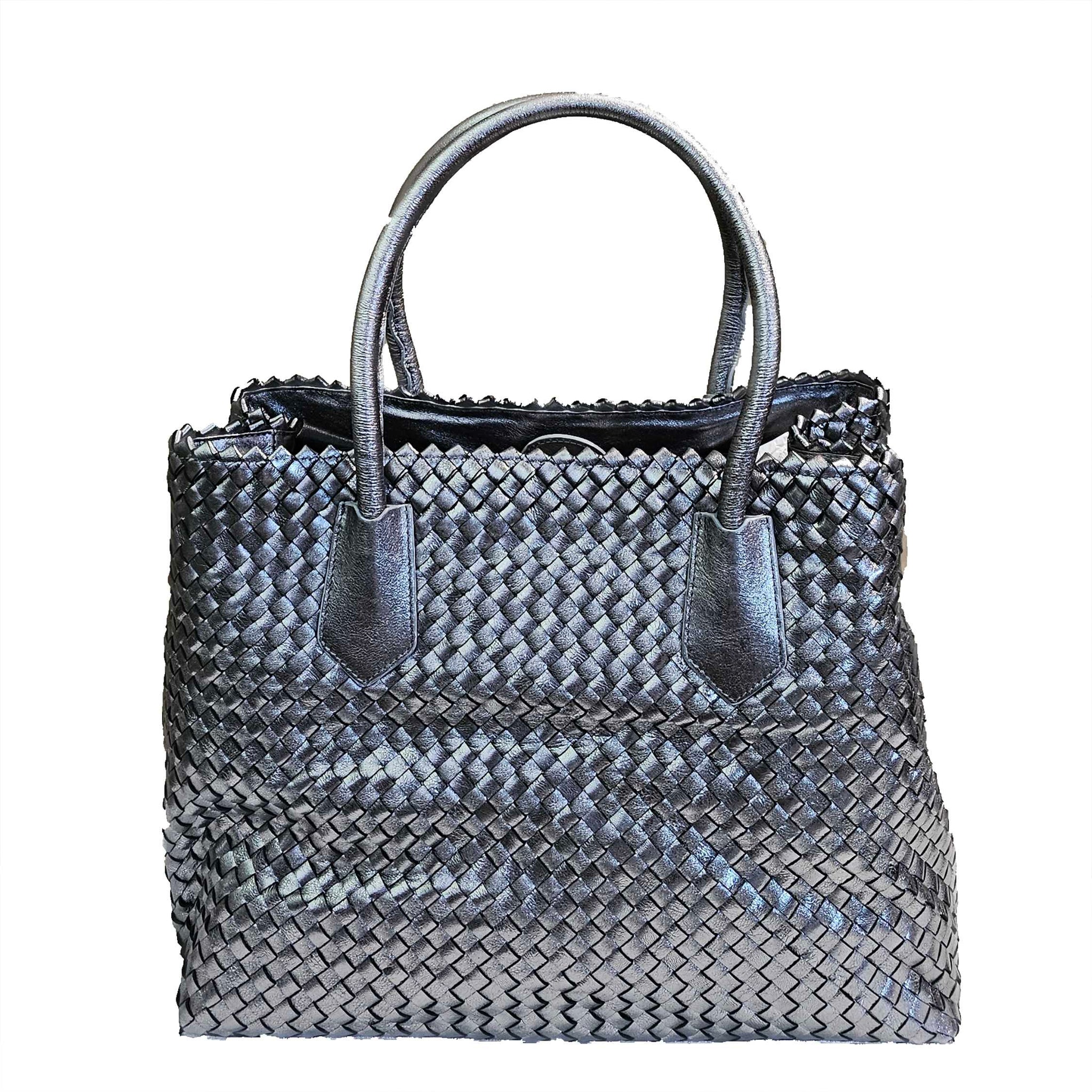 Pons Quintana, Flechtleder-Tasche in Silber