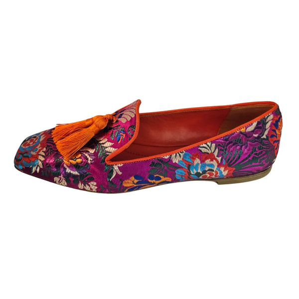 Prosperine,fuchsiafarbener Satin-Loafer mit floralem Muster