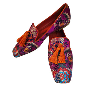 Prosperine,fuchsiafarbener Satin-Loafer mit floralem Muster