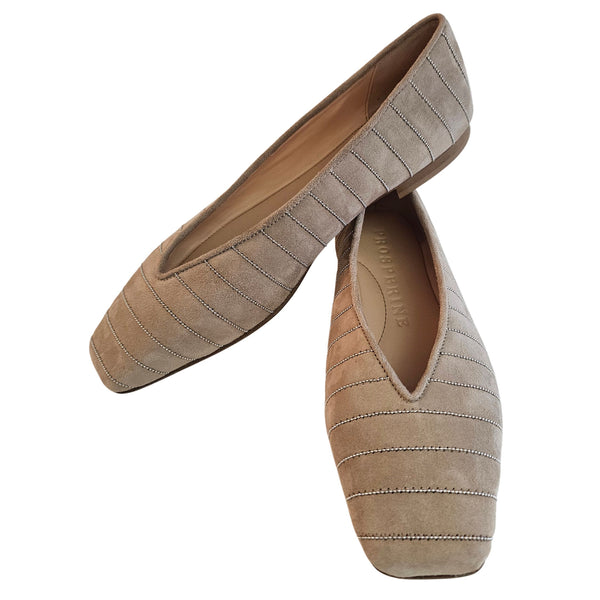 Prosperine, Wildleder Ballerina in Beige mit silbernen Zierfäden