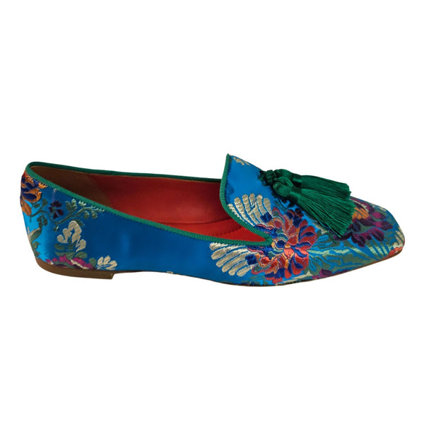 Prosperine, türkisfarbener Satin-Loafer mit floralem Muster