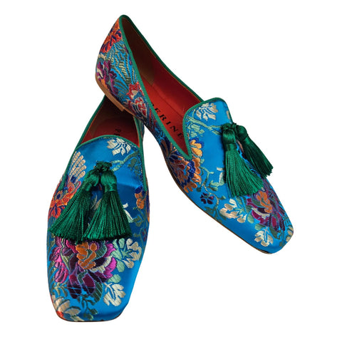 Prosperine, türkisfarbener Satin-Loafer mit floralem Muster