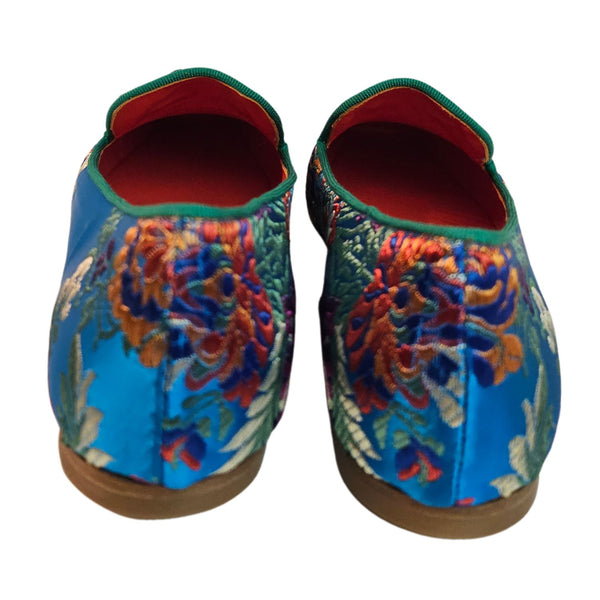 Prosperine, türkisfarbener Satin-Loafer mit floralem Muster