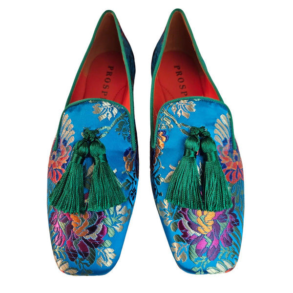 Prosperine, türkisfarbener Satin-Loafer mit floralem Muster