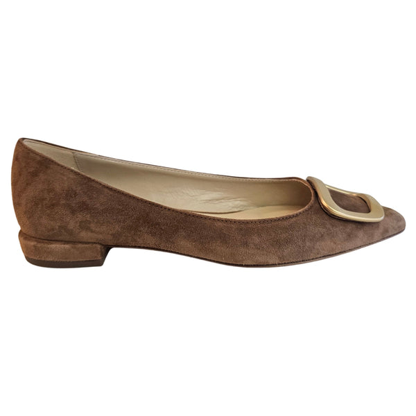 Fabio Rusconi, Wildleder Flat-Ballerina mit mattgoldener Zierspange in Cognac