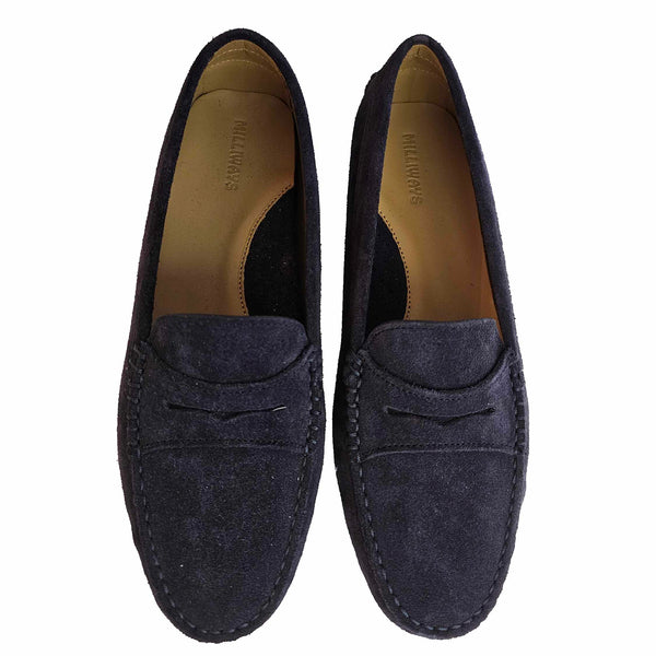 Milliways, dunkelblaue Wildleder-Slipper mit Noppen
