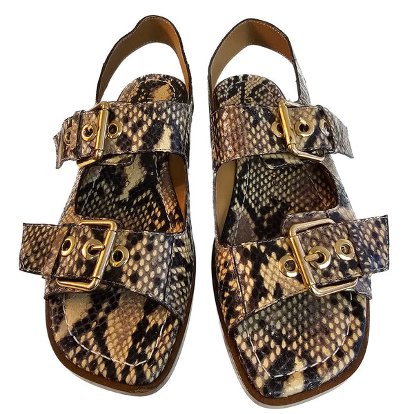 Pedro Miralles, flache Sandalette in Snakeprint Schwarz-Beige