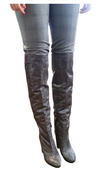 Pura Lopez, Overknee-Stiefel in silbernem Lurex