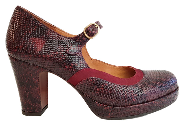 Pumps, Riemchenschuh, Chie Mihara, bordeaux, Snakeprint, Plateau, Absazz