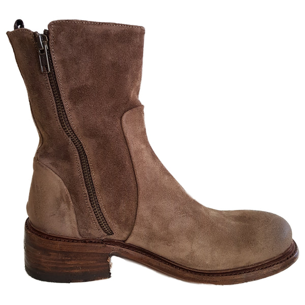 Cordwainer, flache, schlammfarbene Widlederstiefelette mit zwei Reißverschlüssen