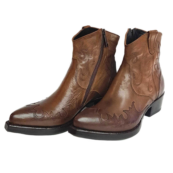 Ducanero, braune Cowboystiefelette mit Lederapplikationen und Stickerei