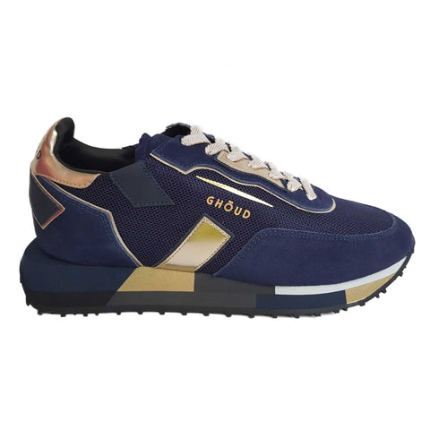 Ghōud, Sneaker in Dunkelblau-Gold mit mehrfarbiger Sohle