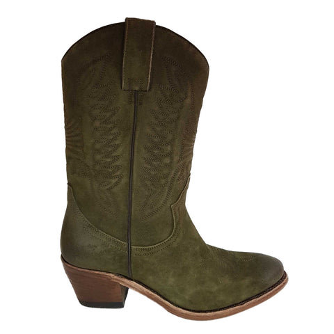 Perlita Peaches, rahmengenähter Cowboystiefel in Olivgrün