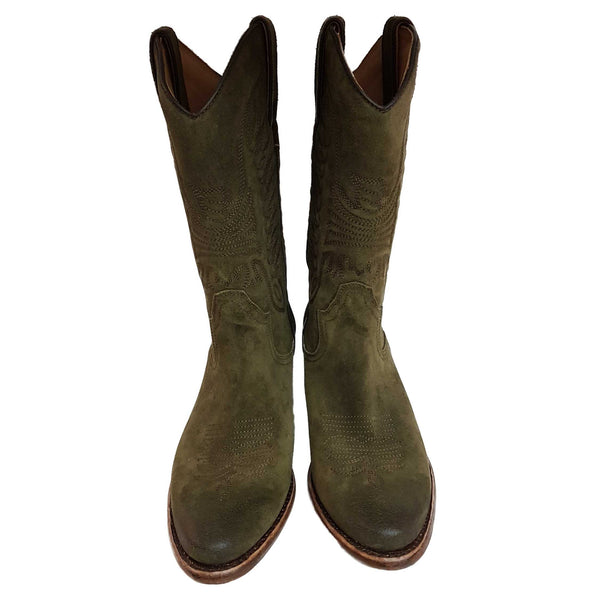 Perlita Peaches, rahmengenähter Cowboystiefel in Olivgrün