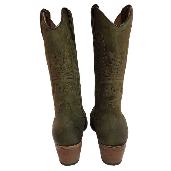 Perlita Peaches, rahmengenähter Cowboystiefel in Olivgrün
