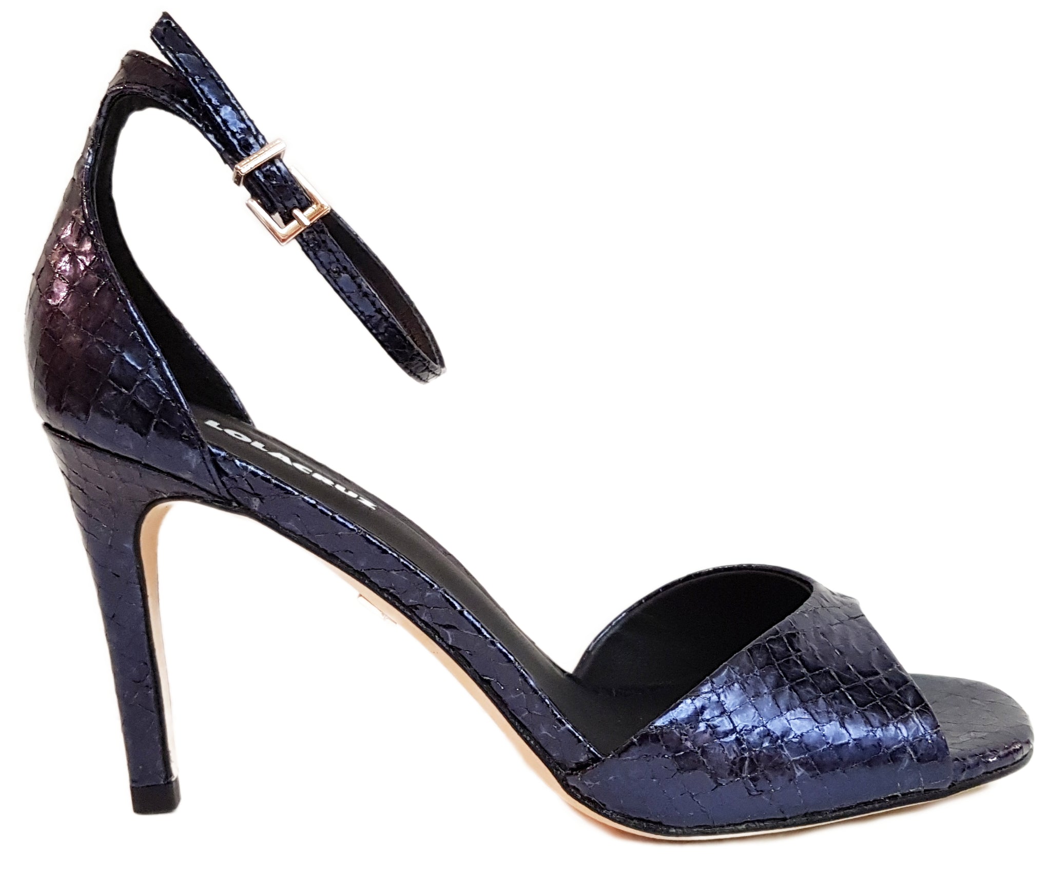 Lola Cruz, geprägte Highheel-Sandalette in Metallicblue