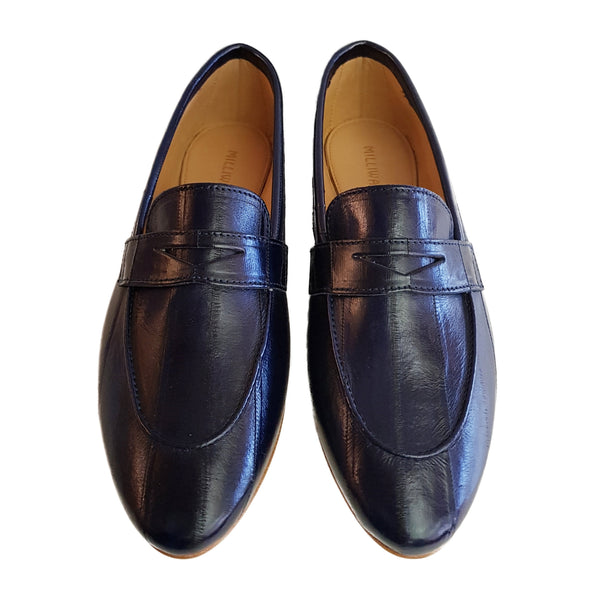 Milliways, dunkelblaue Slipper aus Aalleder